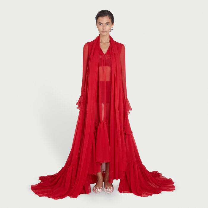 Giambattista Valli Robe Maxi Poppy Red En Soie Et Col Lavalière