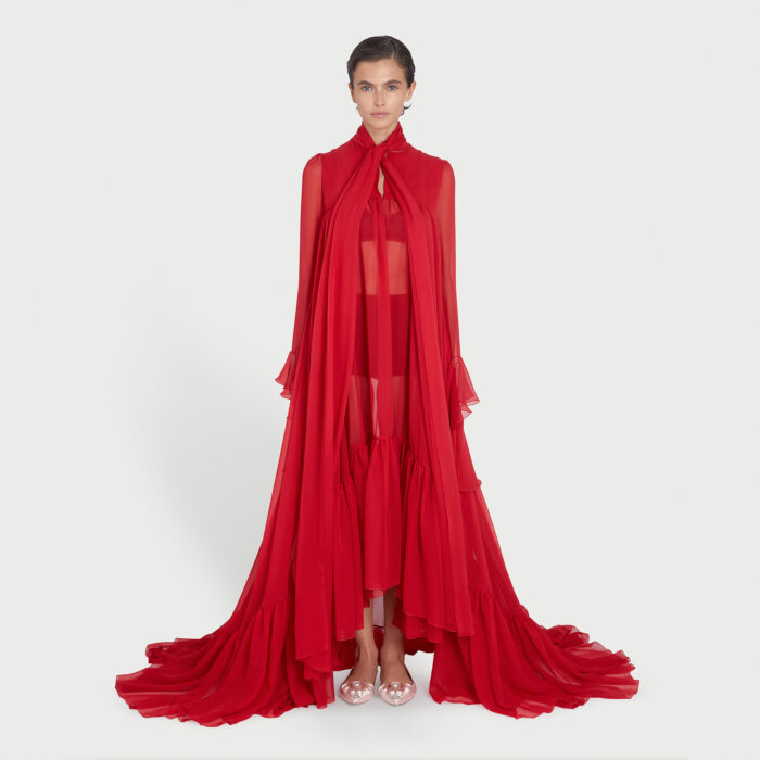 Giambattista Valli Robe Maxi Poppy Red En Soie Et Col Lavalière