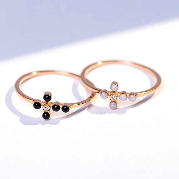 Gigi Clozeau Bague Noire Croix Perlée Diamant Or Rose T 52