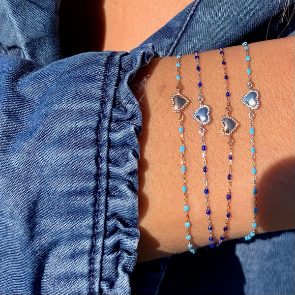 Gigi Clozeau Bracelet Lucky Coeur Or Rose Et Mini Perles De Résine Turquoise 17 Cm