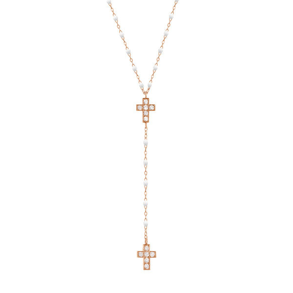gigi clozeau Chapelet blanc Croix Diamants or rose 42 cm