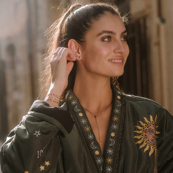 Gigi Clozeau Chapelet Noir Croix Perlée Diamants Or Rose 42 Cm