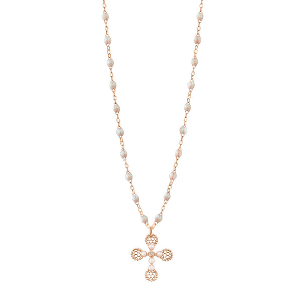 gigi clozeau Collier Croix Dentelle Perlée résine opale or rose diamant 42cm