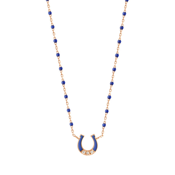gigi clozeau Collier Fer à cheval or rose diamants et mini perles de résine prusse 42 cm