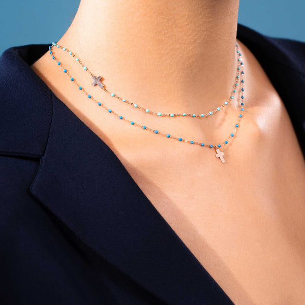 Gigi Clozeau Collier Vert D'eau Croix De Côté Or Rose 42 Cm