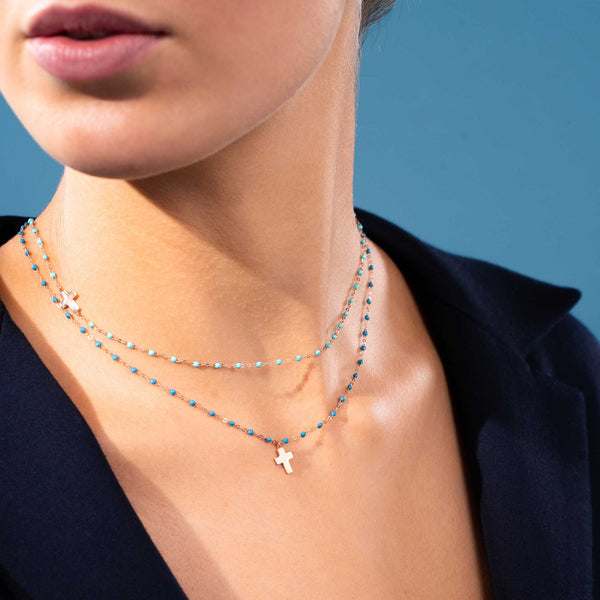 Gigi Clozeau Collier Vert D'eau Croix De Côté Or Rose 42 Cm