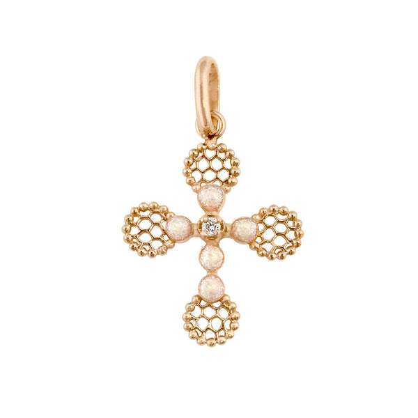 gigi clozeau Pendentif Croix Dentelle Perlée résine opale or rose diamant