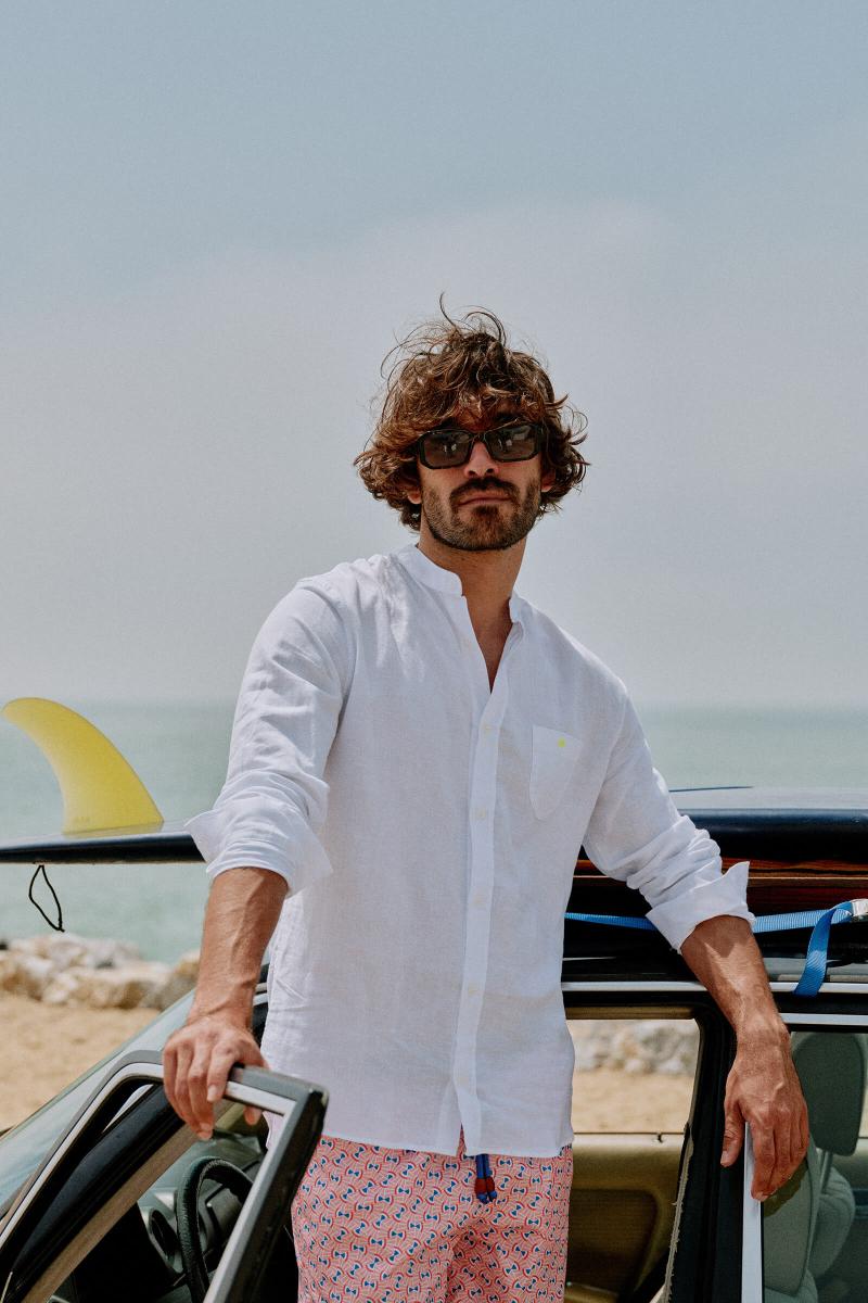 Gilis Chemise Blanche En Coton Et Lin Col Mao