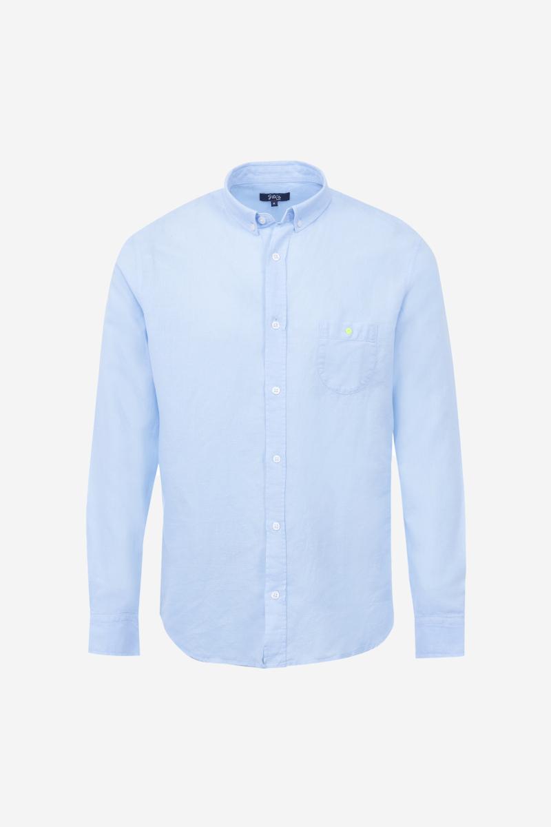 Gilis Chemise Bleue En Coton Et Lin Col Classique