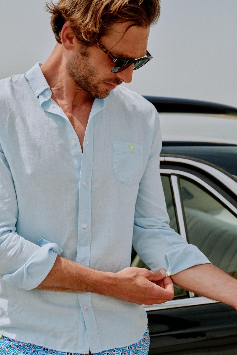 gilis Chemise Bleue en coton et lin Col classique