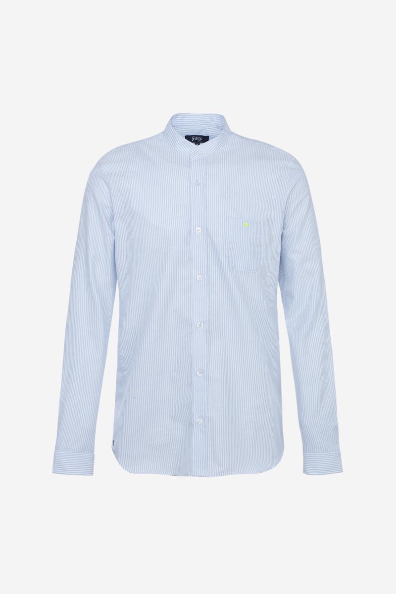 gilis Chemise Bleue En Coton Seersucker Col Mao