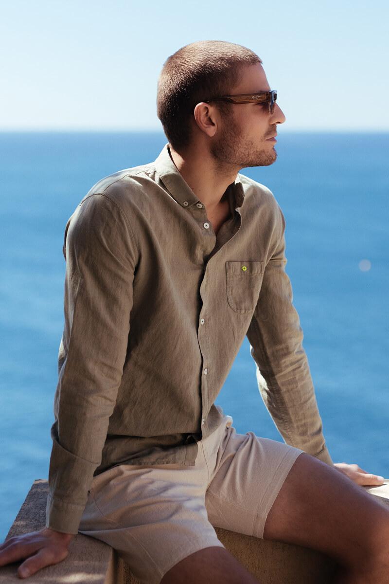 gilis Chemise Kaki en coton et lin Col classique