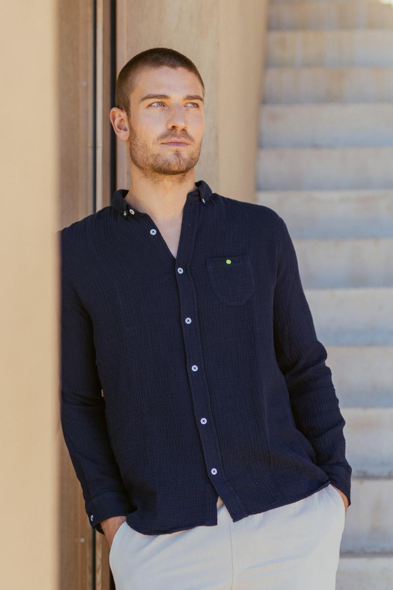 gilis Chemise Navy en gaze de coton Col classique