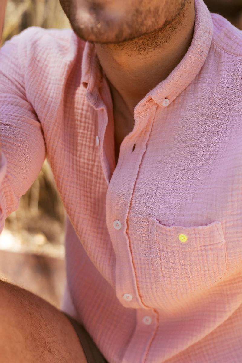 Gilis Chemise Rose En Gaze De Coton Col Classique