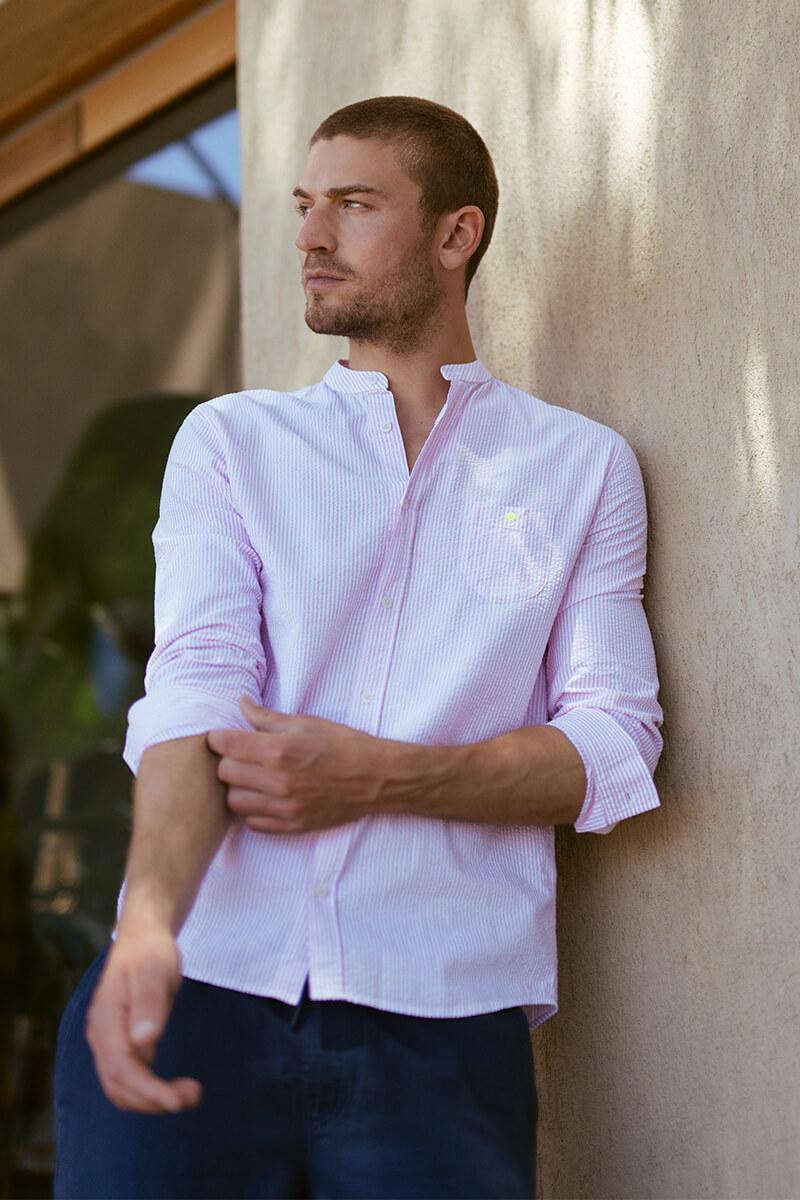 Gilis Chemise Rose En Seersucker Col Mao