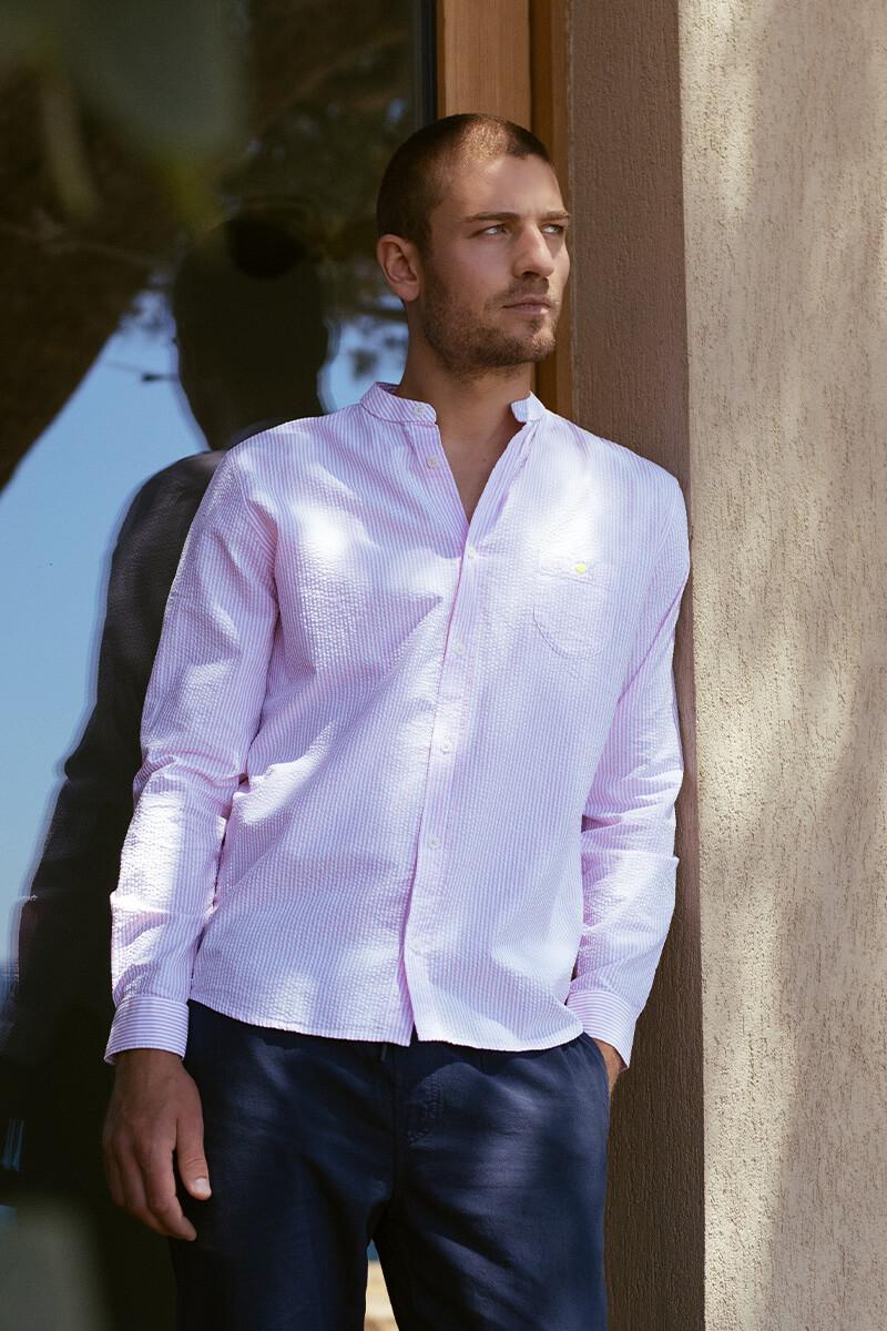 gilis Chemise Rose en seersucker Col mao