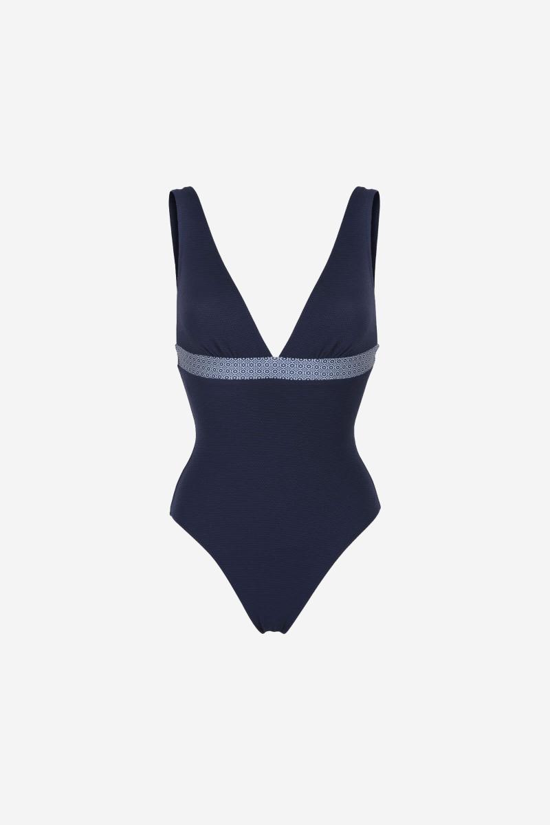 Gilis Maillot De Bain Une Pièce Isaure - Navy Azulejos L' Iconique Décolleté En V à Larges Bretelles