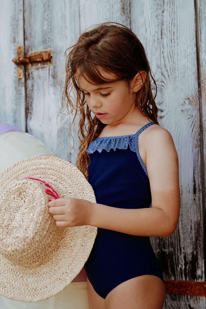 Gilis Maillot De Bain Une Pièce Java - Navy Azulejos Le Décolleté Droit à Volant Pour Petite Fille