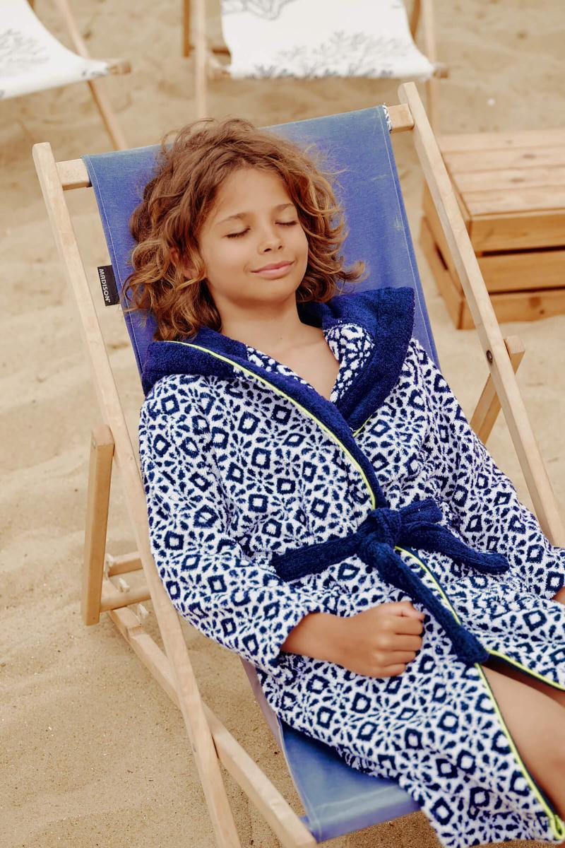 Gilis Peignoir Enfant En Coton Bouclette - Full Azulejos Navy