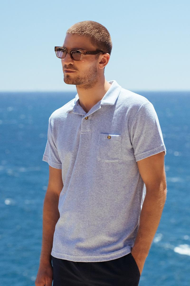 gilis Polo Bleu Chiné en éponge En coton doux et absorbant certifié OEKO-TEX