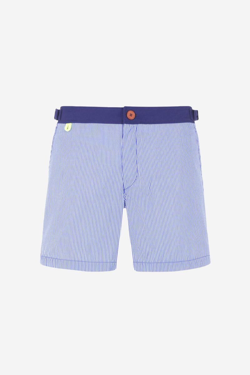 Gilis Short De Bain Air - Blue Seersucker L' élégant à Ceinture Plate Boutonnée
