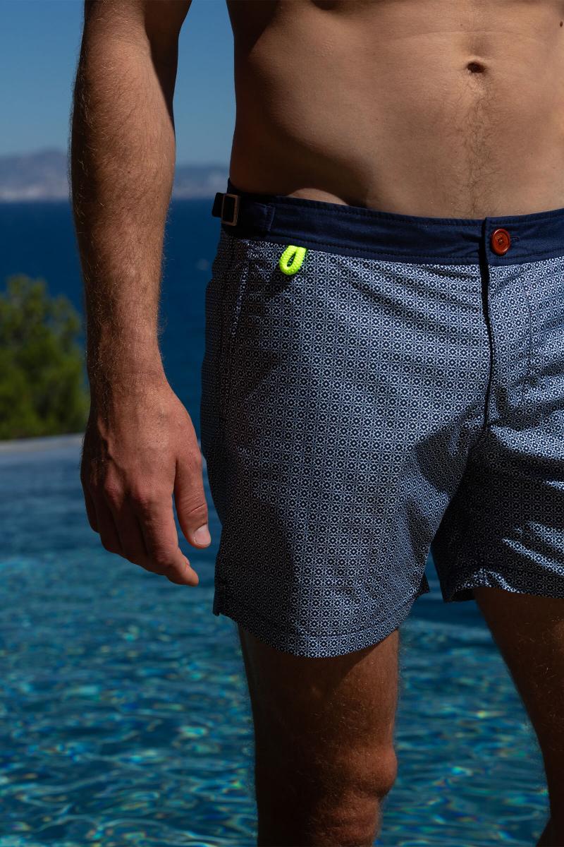 gilis Short de bain Air - Navy Azulejos L' élégant à ceinture plate boutonnée