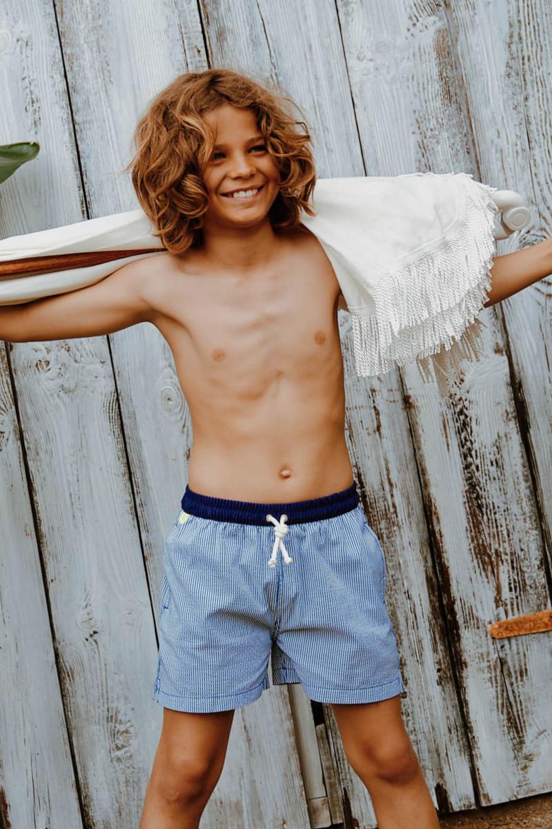 gilis Short de bain Meno - Blue Seersucker Ceinture élastiquée