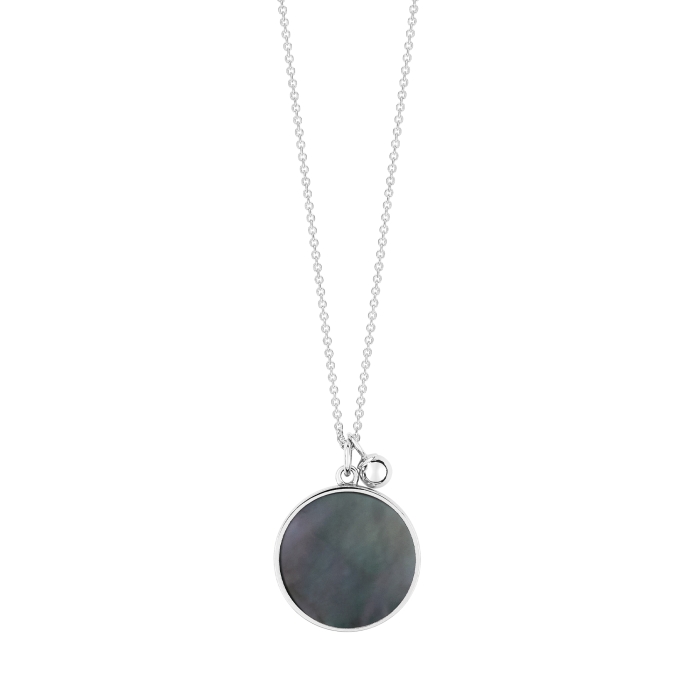 ginette ny ever black MOP white gold disc on chain
