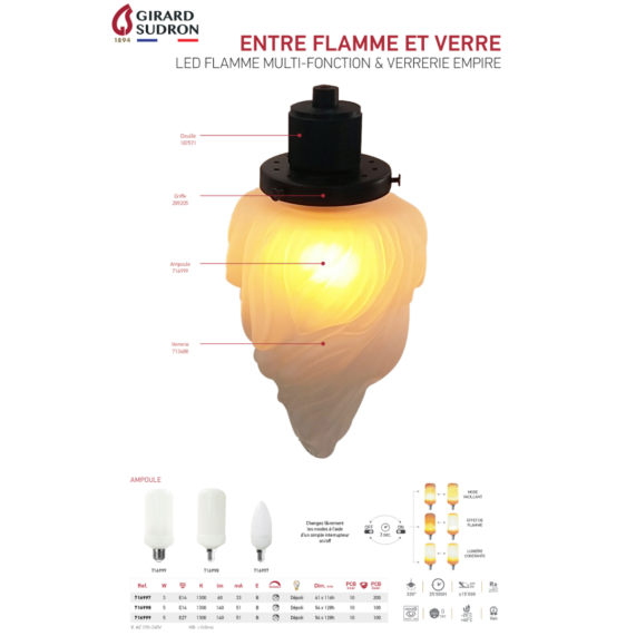 Girard Sudron Flamme C37 E14 Depoli Effet Flamme 3W 60lm 1300K