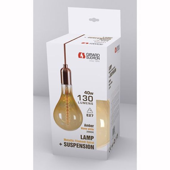 Girard Sudron Pack Suspension E27 Cuivre Av Ampoule Ambre 40W 240V 130lm 2000K Dim