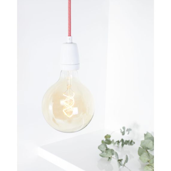 Girard Sudron Suspension Porcelaine E27 Blanc Cable Textile Rouge Et Blanc 2m