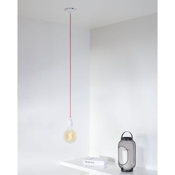 Girard Sudron Suspension Porcelaine E27 Blanc Cable Textile Rouge Et Blanc 2m
