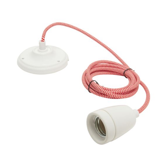 girard sudron Suspension porcelaine E27 blanc cable textile rouge et blanc 2m