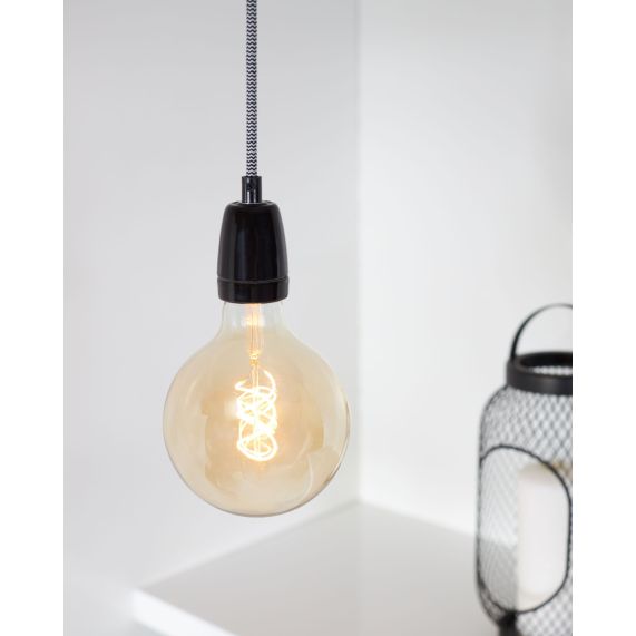 Girard Sudron Suspension Porcelaine E27 Noir IP20 Cable Textile Noir Et Blanc 2m