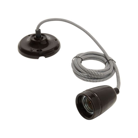 girard sudron Suspension porcelaine E27 noir IP20 cable textile noir et blanc 2m