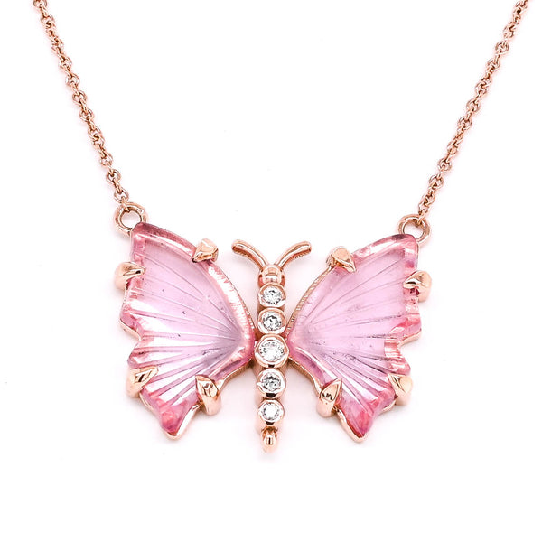 graziella 10KT Rose Gold 18" Pink Tourmaline & Diamond Butterfly Necklace