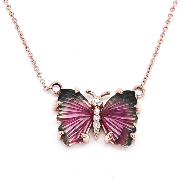 graziella 10KT Rose Gold 18" Water Melon Tourmaline & Diamond Butterfly Necklace