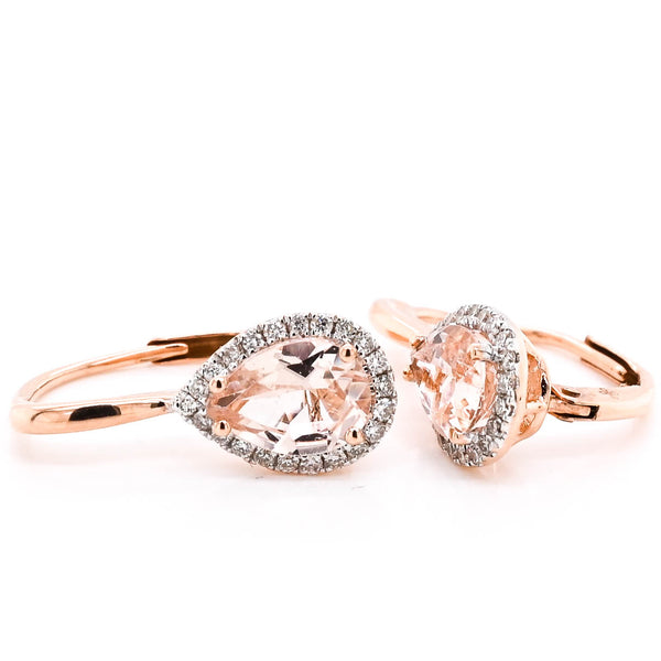 graziella 10KT Rose Gold Pear Shape Morganite & Diamond Halo Set Lever Back Earr