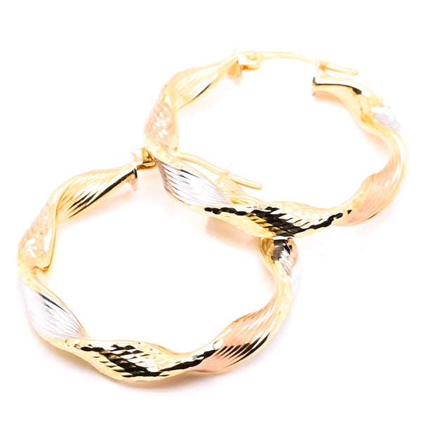 Graziella 10KT Tri-Colour Gold Twisted Medium Hoop Earrings