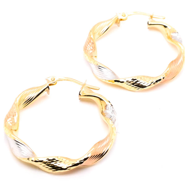 graziella 10KT Tri-Colour Gold Twisted Medium Hoop Earrings