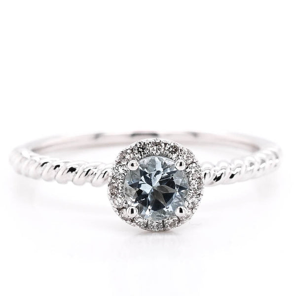 graziella 10KT White Gold 0.30CT Round Aquamarine & Diamond Halo Set Ring