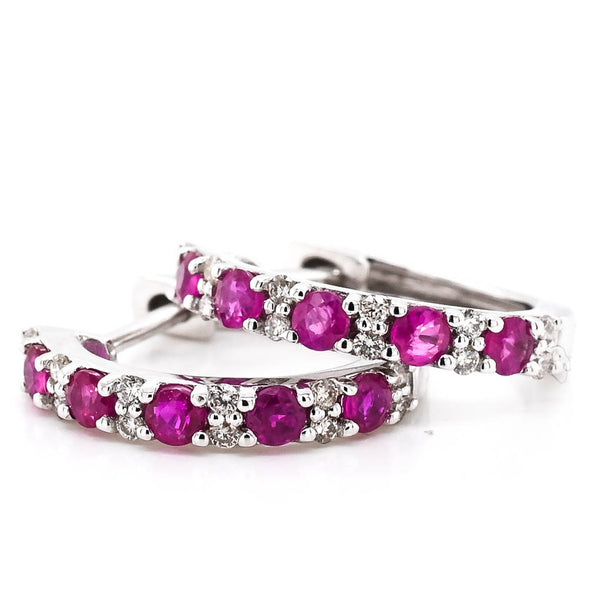 graziella 10KT White Gold 0.70CTW Ruby & Diamond Huggie Earrings