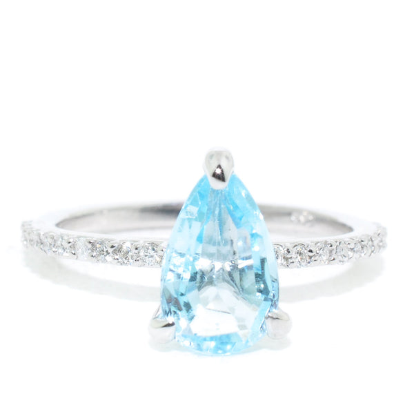graziella 10KT White Gold 1.70CT Pear shape Blue Topaz and Diamond Ring