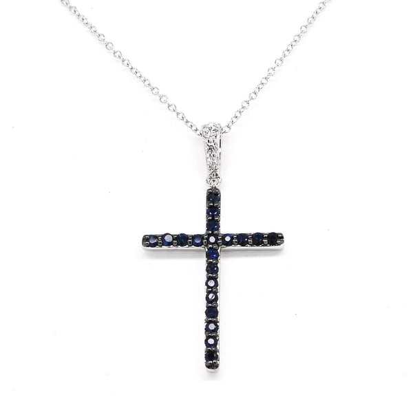 graziella 10KT White Gold 18" 0.20CTW Blue Sapphire and Diamond Cross Necklace