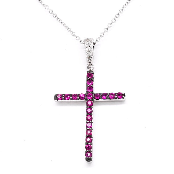 graziella 10KT White Gold 18" 0.20CTW Ruby and Diamond Cross Necklace