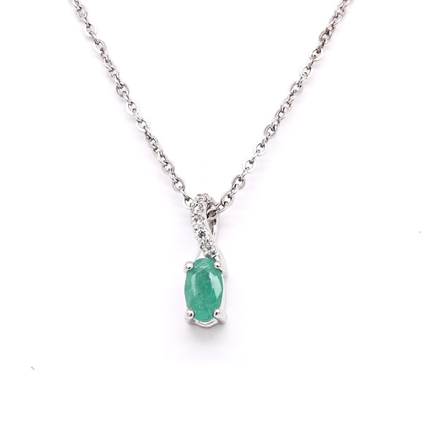 graziella 10KT White Gold 18" 0.21CT Oval Shape Emerald and Diamond Necklace