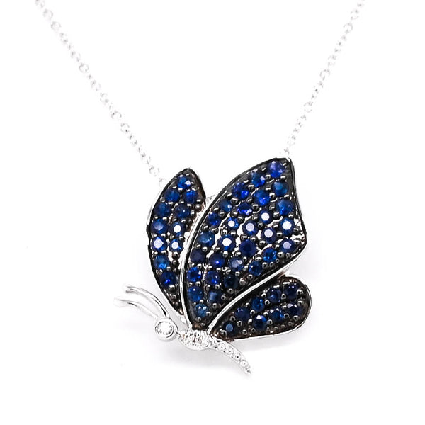 graziella 10KT White Gold 18" 0.45CTW Blue Sapphire and Diamond Butterfly Necklace