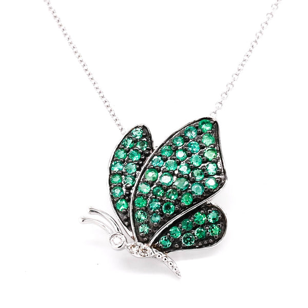 graziella 10KT White Gold 18" 0.45CTW Green Emerald and Diamond Butterfly Necklace