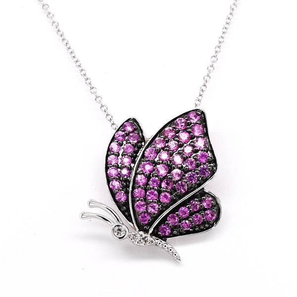 graziella 10KT White Gold 18" 0.45CTW Pink Sapphire and Diamond Butterfly Necklace