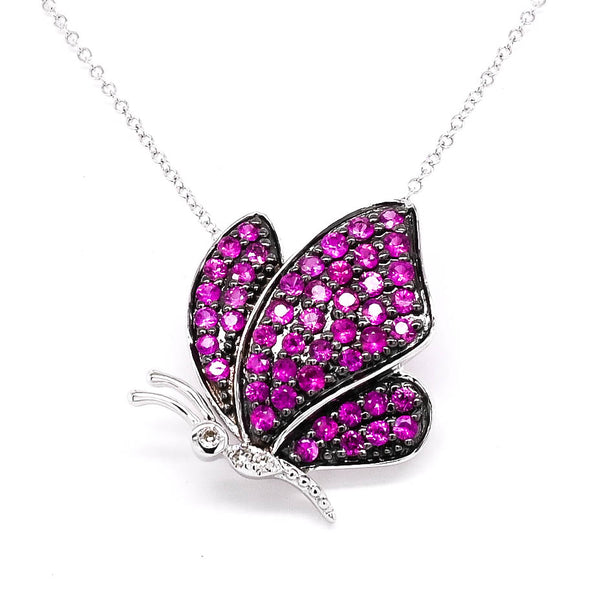 graziella 10KT White Gold 18" 0.45CTW Ruby and Diamond Butterfly Necklace